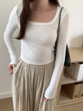 Color Straight Shoulder Slim Square Collar Threaded Short-Sleeved T-Shirt Early Autumn All Look Thin Undershirt-Outfit