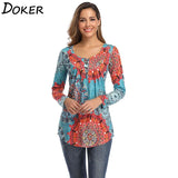 Tops And Blouses O-neck Print Casual Long Sleeve Boho Clothing Women Plus Size Fashions Floral Blouse