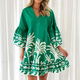 Fongt Summer New V-Neck Print Horn Sleeve Loose Short Dress Woman