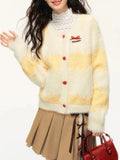 Yellow Stripe Red Buttoned Knitted Cardigan-Outfit