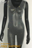 Sale Fishnet Bling Crystal Diamonds Dress Grid Sleeveless O Neck Sexy See Through Women Skinny Mini Dresses Night