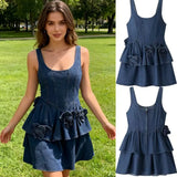 Fongt Explosion Women's Flower Temperament Sleeveless Denim Dress