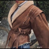 Fongt / Winter Women's Spice Girl Lapel Lamb Coat With Waist Short Biker Jacket-Outfit