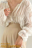 Fashion Pleated Casual Blouse Women Summer New Loose Folds Perspective Chiffon Shirt Long Sleeve Tops Blusas Mujer