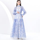 Fongt Early Spring Holiday Wind Collar Lantern Sleeve Print Single Buckle Waist Dress Female Pressure Fold Elegant Long Dress