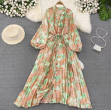 Quality Light Extravagant Lantern Long Sleeved Round Collar Waist Slim Single Breasted Printed Dress Elegant Long Skirt-Outfit