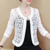 Hollow Out Lace Blouse Women Long Sleeve White Black Shirt Beading Lace Jacket Elegant 4XL Women Clothing Blusas