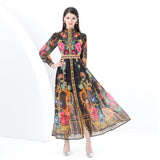 Fongt Elegant Court Style Positioning Print High-Necked Lantern Sleeves To Close Waist Dress Women's Spring Holiday Dress