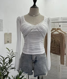 Pure-Want Wind Belt Chest Mat Lace Splicing Mesh Yarn Long-Sleeved T-Shirt Short Slim Top
