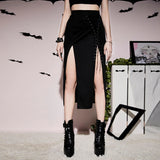 Dark Grunge Bandage High Split Sexy Midi Skirts Mall Gothic Techwear Irregular Eyelet Long Skirt For Women Black