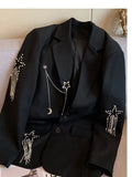 Autumn Black Casual Fashion Elegant Women's Blazer Double-breasted Chain Star Sequins Coat Gothic Jacket Streetwear