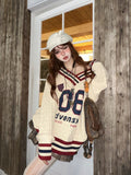 Brown V-neck Letter Print Oversize Sweater-Outfit