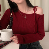 Skew Collar Sweater Off Shoulder Ropa Mujer Lace Up Bow Pullover Feminino Sexy Womens Clothing Korean Knitwears-Outfit