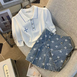 Women High Quality Summer 2-piece Set O-Neck Black Short Sleeve Knit Tops+Blue Printed Denim Mini Skirt Suit Female