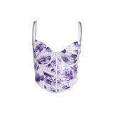 Print Crop Top Floral Ruched Boned Pads Underwire Double Layers Lining Elastic Camis Top Low Cut V Neck Sexy Corset