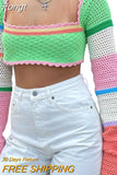 Women Summer Crop Tops Sweater Sexy Hollow Out Splicing Crochet Square Neck Long Sleeves Knitted Camisole Streetwear for