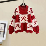 Bow Checkered Patchwork Sweater-Outfit