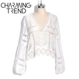 lace hollow women ’s blouse 2020 spring summer deep V sexy long-sleeved top elegant female vacation see-through top