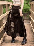 Patchwork Velvet Printed Midi Skirt-Outfit
