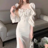 Fongt Chic Summer New Show Thin Temperament French Grandiflorum Tea Break Dress With Slit Dress-Outfit