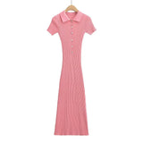 Fashion Women's Wear Pure Style Lapel Short-Sleeved Fishtail Dress Skirt Waist Slim Hip Knit Long Skirt-Outfit