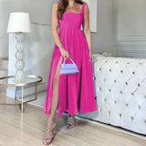 Fongt Spot 2024 Summer New Women's Fashion Pure Color Versatile Medium Long Sling Dress-Outfit