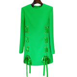 Fongt Early Spring New Star Fashion Ribbon Rope Casual Round Neck Long Sleeve Dress