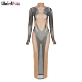 Puss Mesh Patchwork Long Sleeve Dress Sexy Stretch See Through Cleavage Turtleneck Skinny Bodycon Female Party