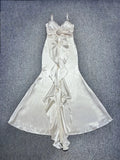 White Satin Flower Ruffles Midi Dress-Outfit