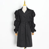 Korean Patchwork Ruffle Windbreaker For Women Lapel Long Sleeve Sashes Black Casual Trench Female Fashion