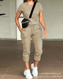 Women's Solid Color Round Collar Top Multi Pocket Jog Pants Set-LZS7514-Outfit