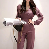 V-Neck Women Business Jumpsuits Stylish Office Lady Female Wide Leg Pants Playsuit