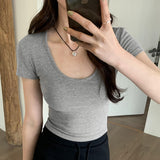 Version Of White U-Collar Slim Short-Sleeved T-Shirt Women's New Summer High-Waisted Slim And Thin