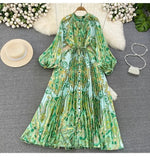Quality Light Extravagant Lantern Long Sleeved Round Collar Waist Slim Single Breasted Printed Dress Elegant Long Skirt-Outfit