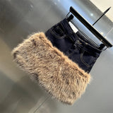 Faux Fur Patchwork Denim Mini Skirt-Outfit