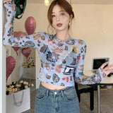 Print Summer Mesh Sunscreen Long Sleeves Women's Crop Top O Neck-Outfit