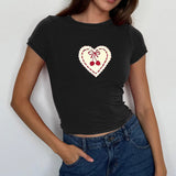 Basic Cherry Heart-Shaped Printed Round Collar Slim Red Short-Sleeved T-Shirt New Spring / Summer 2024 Style-Outfit