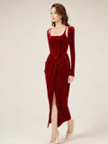 Sexy Velvet Two New Spring 2025 New Fashion Slings To Collect The Waist Thin Knot Long-Sleeved Dress