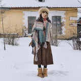 Boho Cloaks Capes Top Red Women Autumn Winter Floral Knitted Poncho Capes Tassels Chic Cloak Poncho