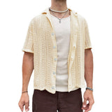 Fongt Summer New Men's Casual Knit Cardigan White Short Sleeve Jacket Men's Shirt Hollow Out Men's
