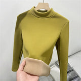 Half Turtleneck Tops Women Winter Plush Velvet Lined Warm T Shirt Long Sleeve Bottom Blusas Korean Slim Fleece