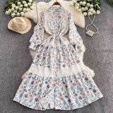 Fongt Retro Court Wind Hollow Lace Splicing Lantern Sleeve Collection Waist Single Buckle Print Dress 2025 Spring Dress