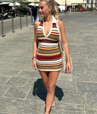 Knitted Stripe Halter Collar Mini Dress-Outfit