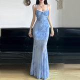 Fongt Chinese Chinese Light Green Shoulder Butterfly Print Fishtail Sling Skirt Sexy Hip Through Mesh Dress