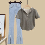 Fongt Slim Hot Girl Top With A Two-Piece Set With Slit Jeans-Outfit