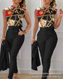 Series) 2023 Women's Red Print Shirt Pantsuit-With A Belt-Outfit
