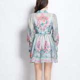 Fongt Retro Elegant Suit Collar Long Sleeves With Waist Print Dress Women's Thin Temperament Single Buckle A Skirt
