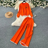 Fongt Letter Embroidered Knitted Shirt Long Sleeve Sweater High Waist Broad Leg Trousers Casual Sports Two-Piece Suit Woman