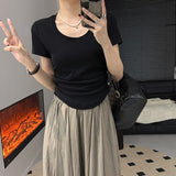 New Summer Design Feel U-Collar Short-Sleeved T-Shirt Women Fold Slim Look Thin Inside A Solid Color Short-Style