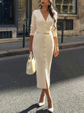 Fongt Women's Delicate High-End Front Buckle With Belt Knitted Dress